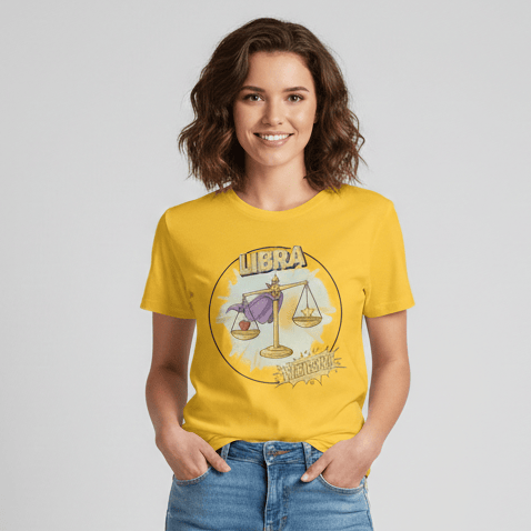 Full-length studio shot of a smiling woman with wavy brown hair wearing a yellow graphic t-shirt featuring a Libra zodiac scale design, paired with slim-fit blue jeans and white sneakers against a neutral grey background.
