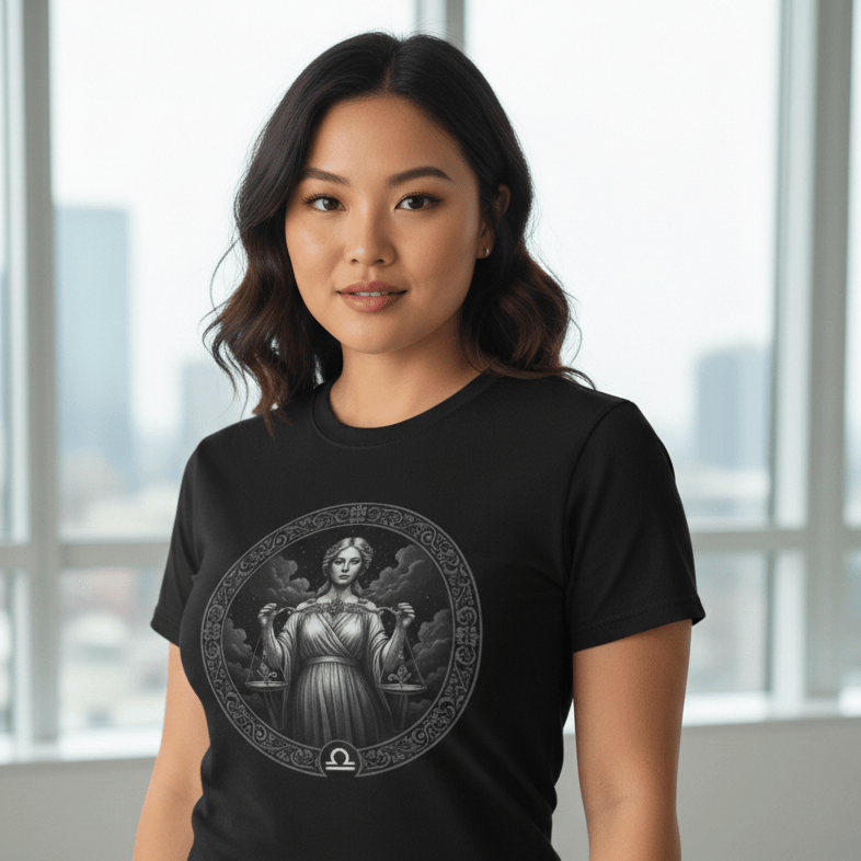 A medium shot of an East Asian female model with wavy dark hair, wearing a black crew-neck t-shirt. The shirt features a detailed circular graphic in the center depicting a classical, ethereal female figure holding scales (Libra zodiac symbol) set against a starry, clouded background. She is standing in a brightly lit, modern interior with large windows overlooking a soft-focus city skyline.