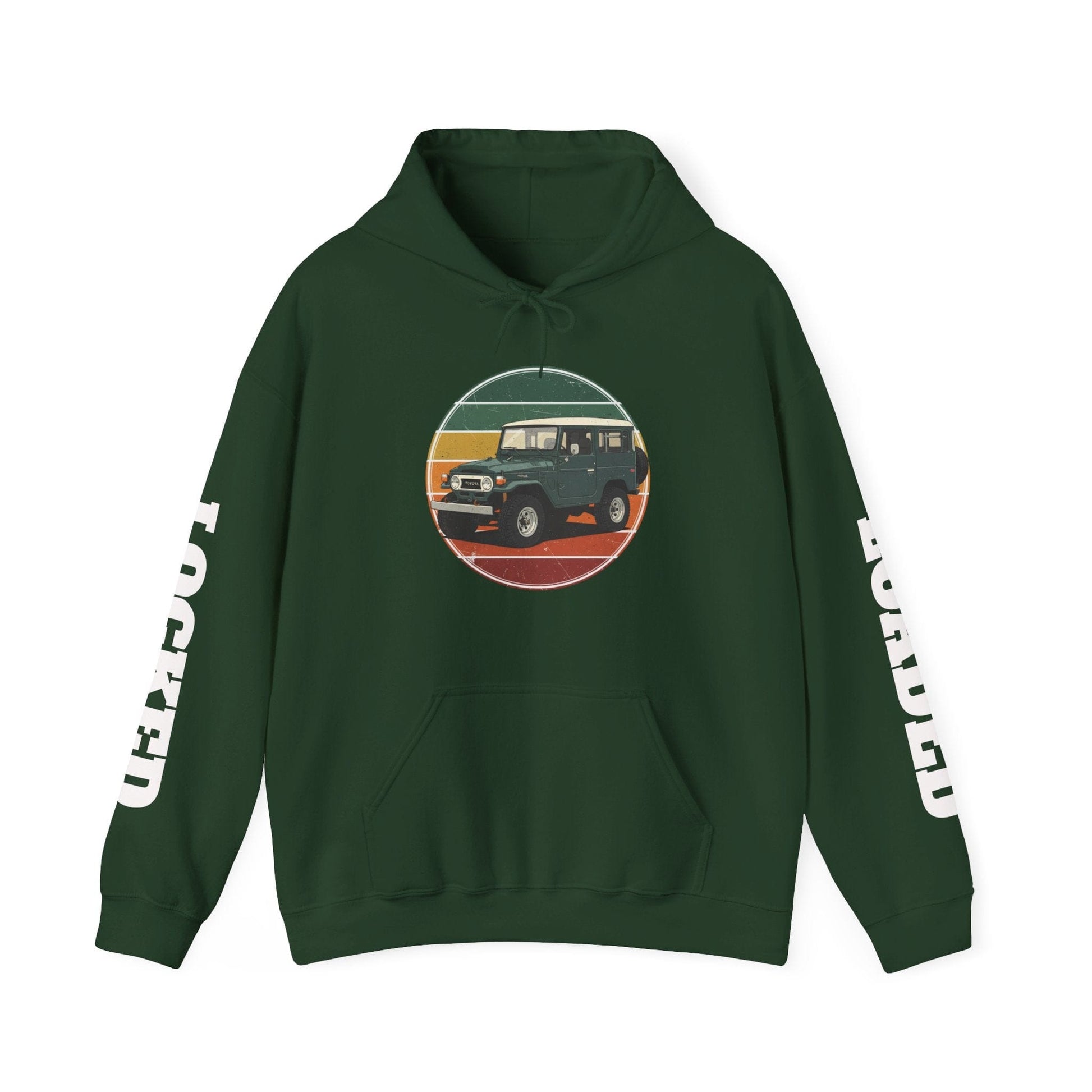 Green hoodie with a graphic of a FJ40 Landcruiser with Locked & Loaded branding on a white background