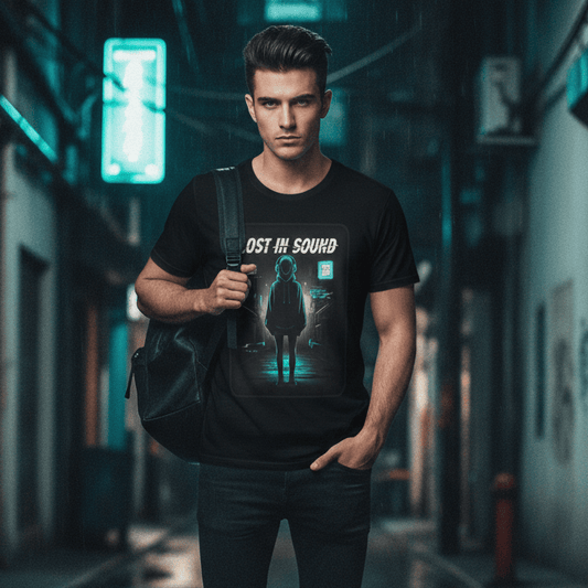 Full-length shot of a male model standing in a dark, narrow, wet alleyway at night, illuminated by soft blue and teal neon lights. He is wearing a black streetwear t-shirt featuring a cyan-colored graphic of a hooded figure and the text "LOST IN SOUND." He has a black backpack slung over one shoulder, one hand in his pocket, and is looking directly at the camera with a serious expression. The ground is damp, reflecting the surrounding neon glow, creating a moody, cinematic atmosphere.
