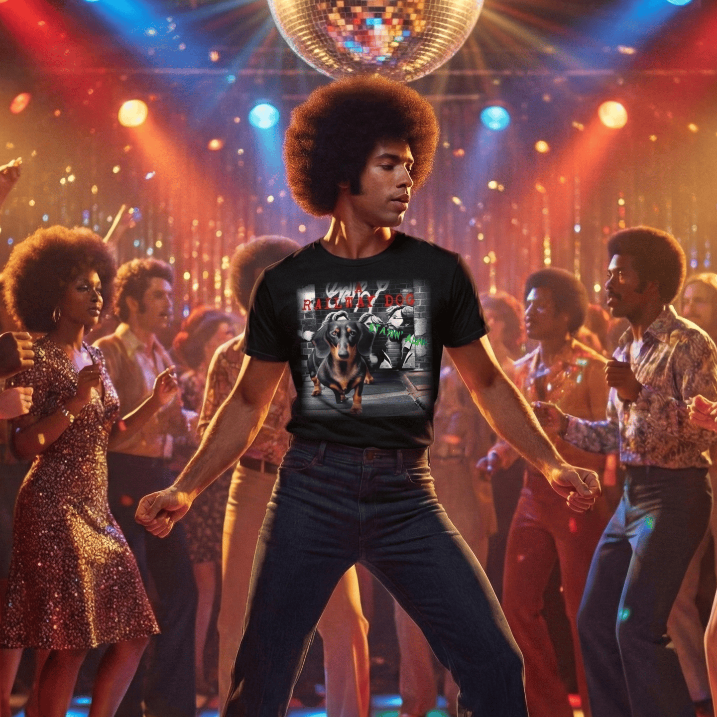 Dancing in a disco setting with colorful lights and people in vintage clothing.