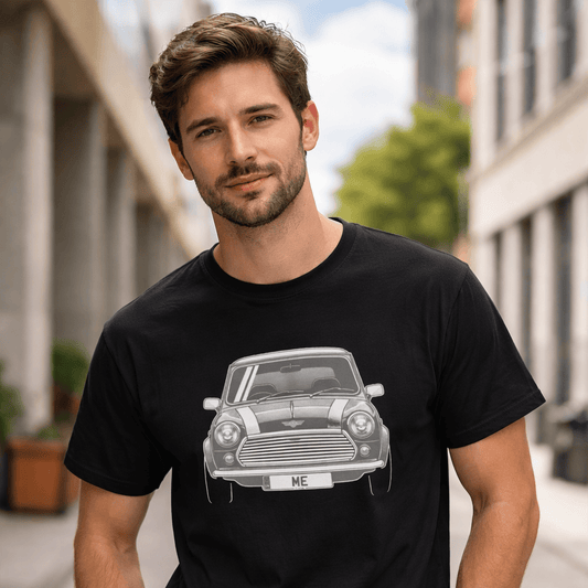 Male model wearing black graphic t-shirt featuring classic Mini Cooper car design