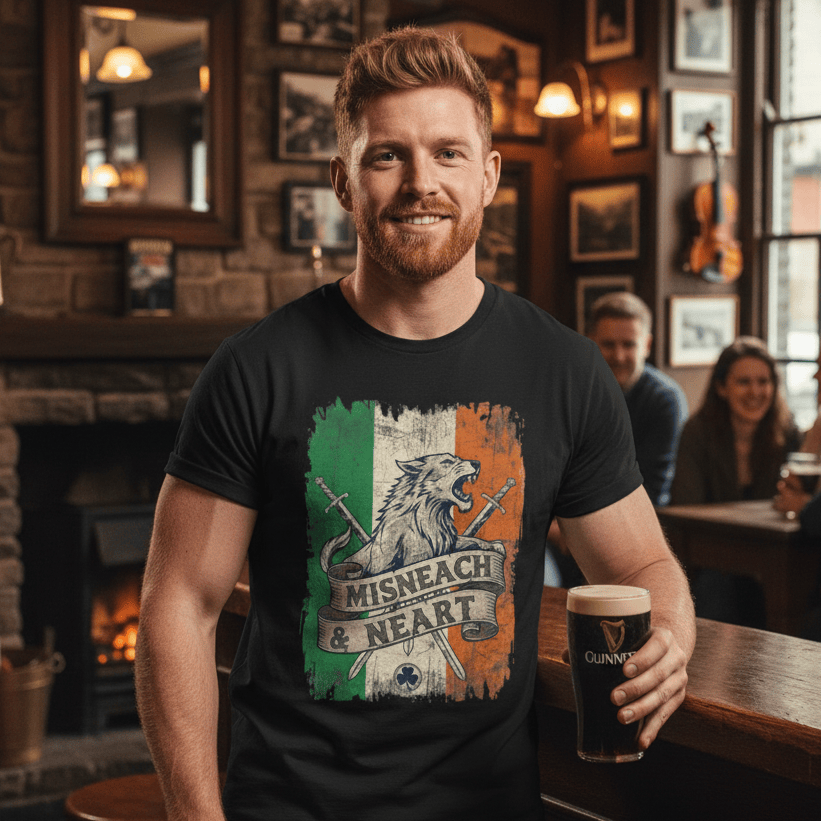 Man wearing and Irish tshirt holding a pint of Guinness in a pub setting