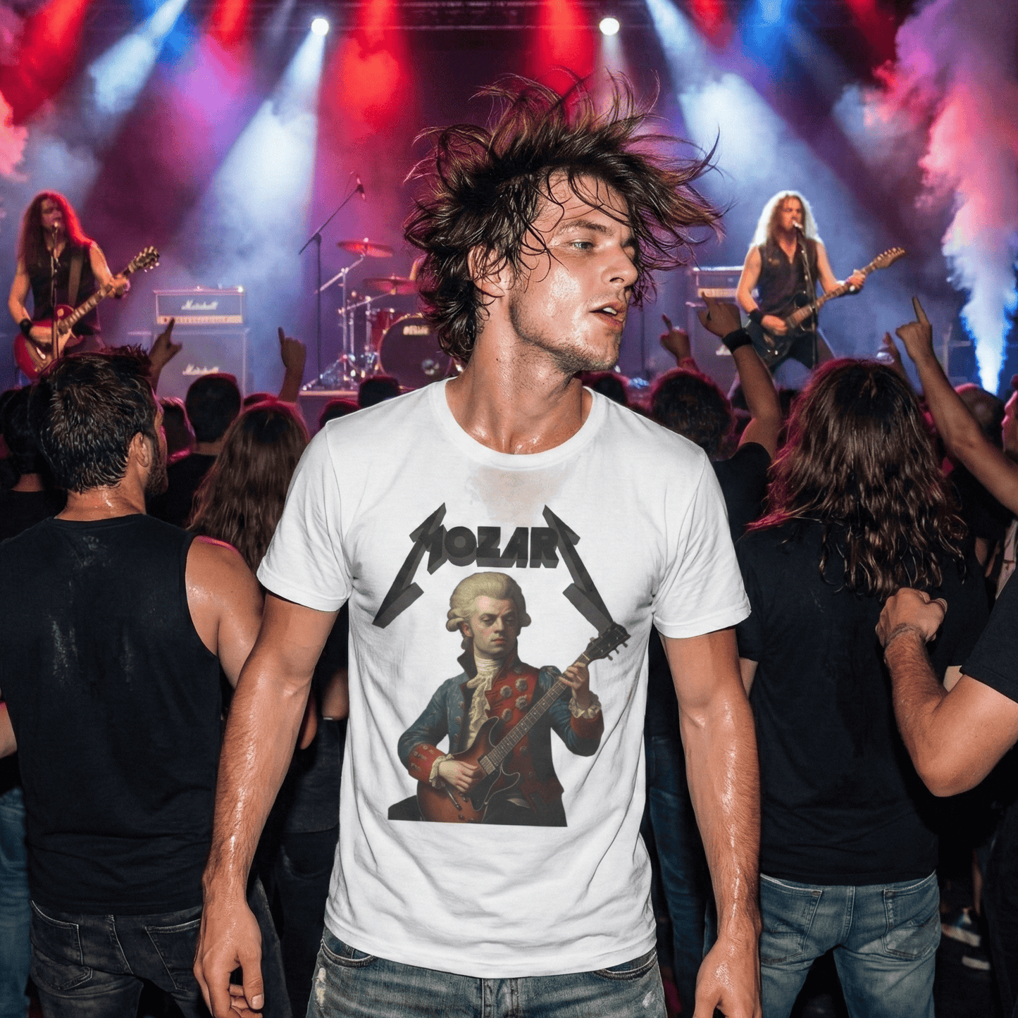 A realistic image of a sweaty young man standing in a mosh pit at a heavy metal concert, wearing a white t-shirt. The t-shirt features a parody graphic of the classical composer Mozart holding an electric guitar, with the text 'MOZART' stylized above him in the iconic jagged Metallica font. The background features stage smoke, red and blue concert lighting, and a band performing for a crowd.