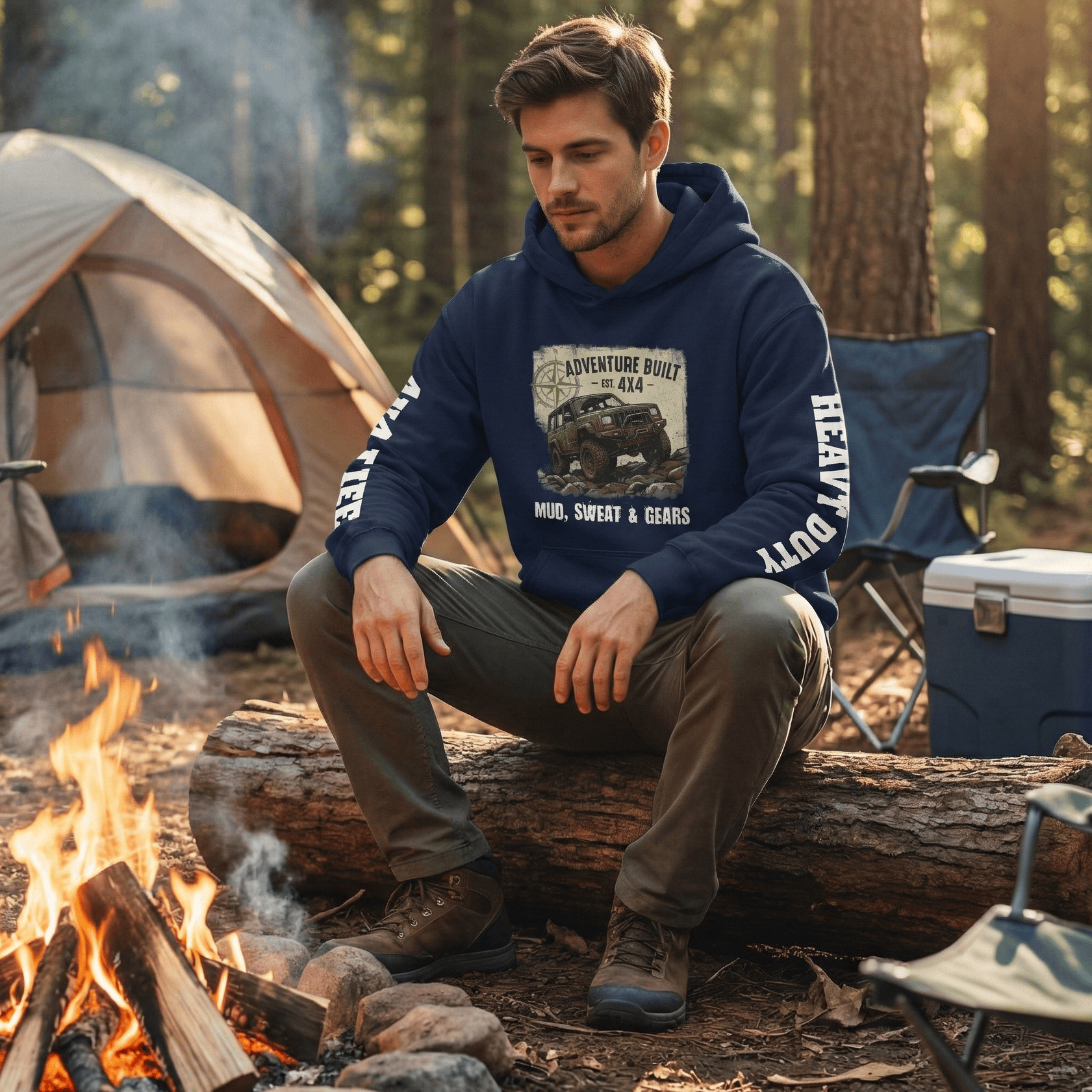 Navy blue pullover hoodie featuring a distressed graphic of a green 4x4 off-road vehicle climbing rocks with the text "Adventure Built" and "Mud, Sweat & Gears." Features white text on sleeves reading "4X4 LIFE" and "HEAVY DUTY."