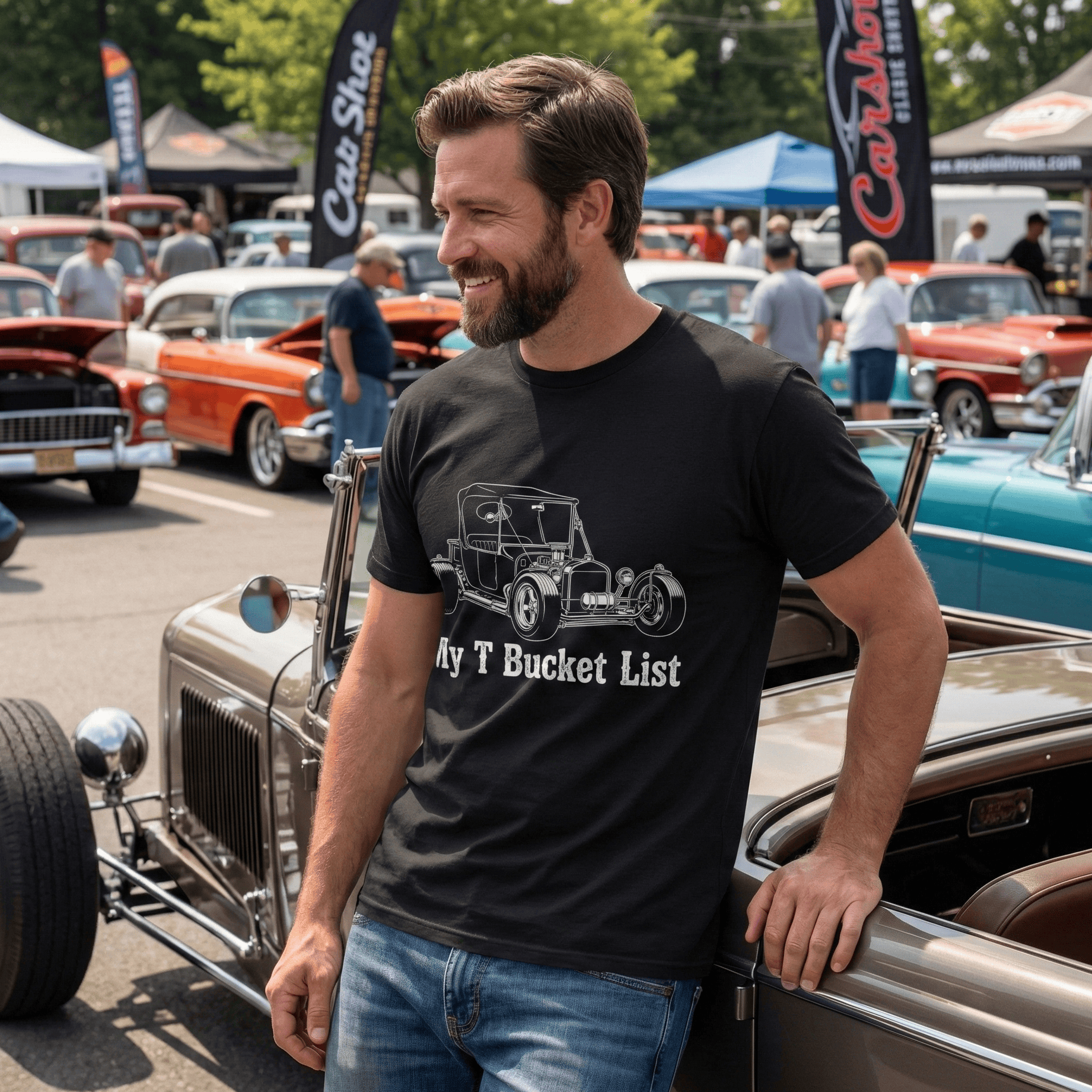 Black t-shirt featuring a white line drawing of a custom T-Bucket hot rod with the text "My T Bucket List."