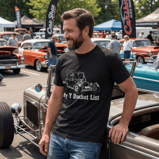 Black t-shirt featuring a white line drawing of a custom T-Bucket hot rod with the text "My T Bucket List."