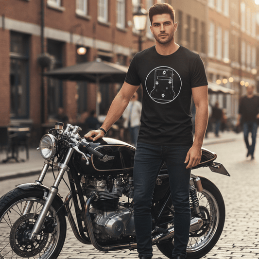 Man standing next to a motorcycle on a city street wearing a Ned Kelly Helmet Southern Cross Tee