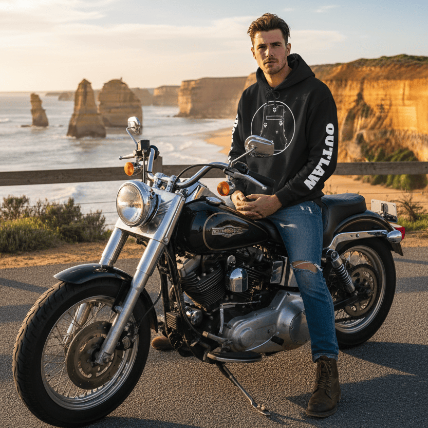 Man sitting on a motorcycle wearing a Ned Kelly Southern Cross Hoodie with ocean and cliffs in the background