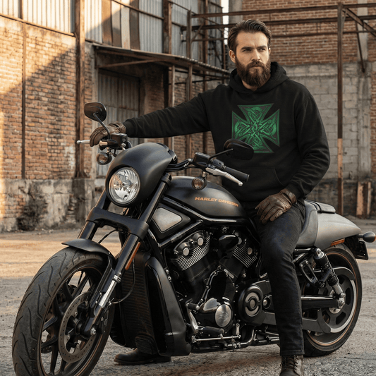 A bearded male model sits on a black Harley Davidson Night Rod motorcycle while wearing a black hoodie featuring a metallic green Celtic cross design on the chest. The rugged industrial background complements the edgy, biker-inspired aesthetic of the graphic streetwear.