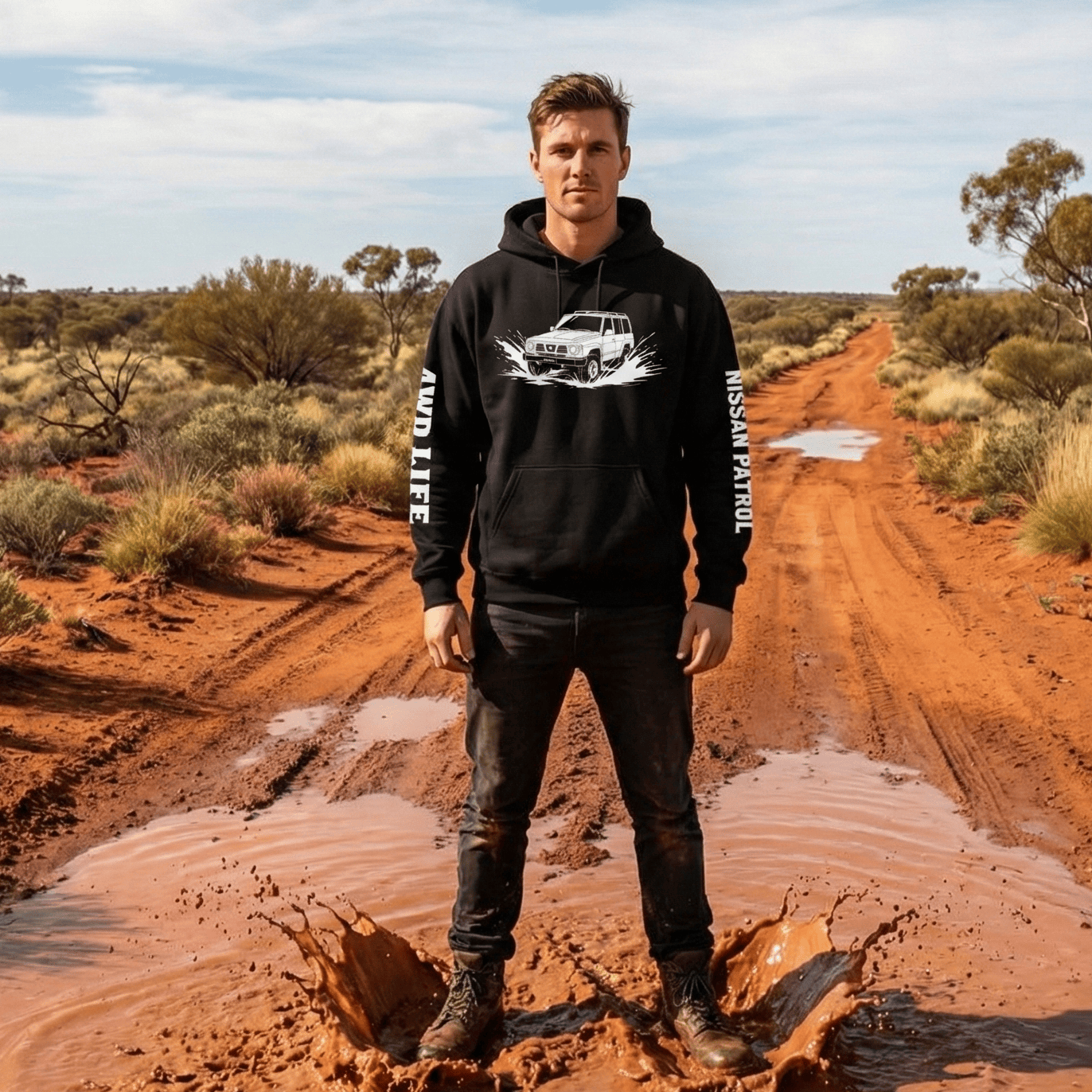 Black pullover hoodie featuring a white line-art illustration of a vintage Nissan Patrol 4x4 splashing through water. The hoodie features white text running down the length of both sleeves.