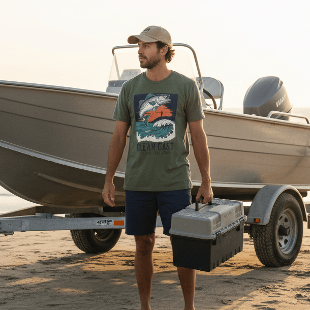 Man standing on a beach with a boat and cooler, wearing a Ocean Cast Fishing Tee