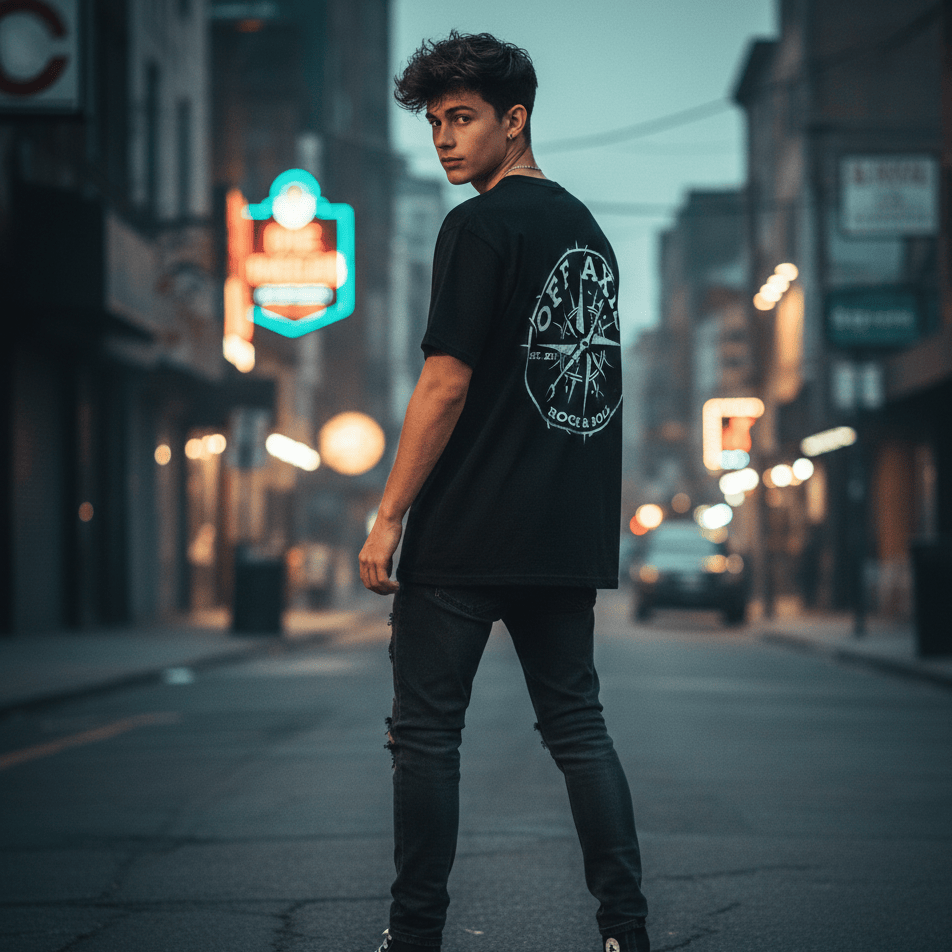 Person wearing a black Off Axis band t-shirt with a graphic design on a city street at night.