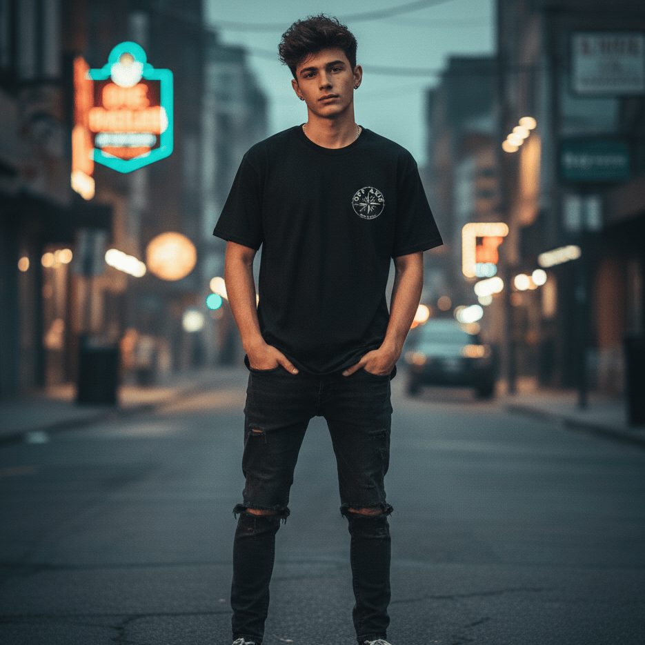 Man standing on a city street at night wearing an Off Axis band t-shirt with neon signs in the background
