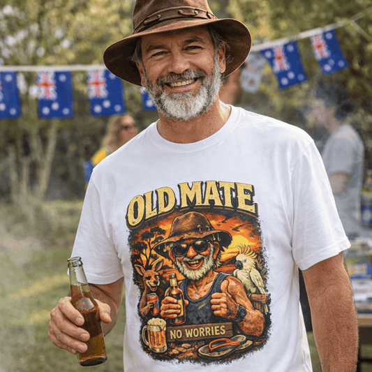 Old Mate No Worries vintage Aussie beer graphic tee white shirt