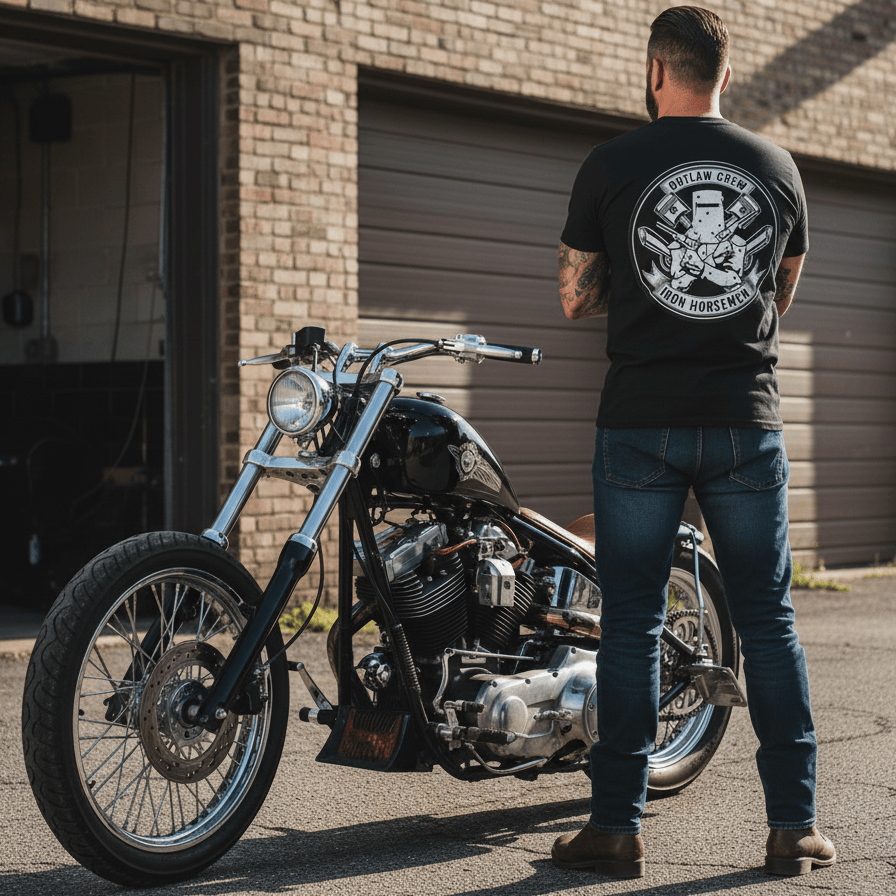 Man standing next to a Harley-Davidson motorcycle in front of a garage wearing an Outlaw Motorcycle t-shirt.