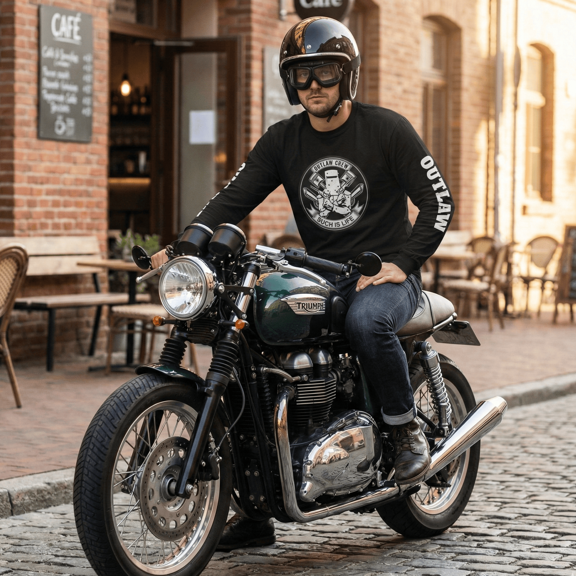 Man sitting on a green motorcycle in an urban setting with a cafe in the background