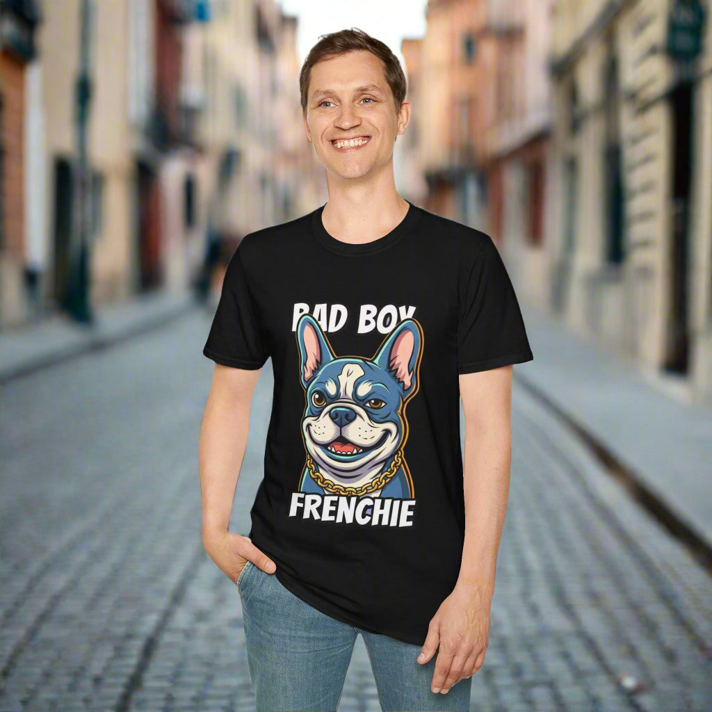 Person wearing a black t-shirt with a graphic of a French Bulldog and text 'Bad Boy FRENCHIE' on a white background