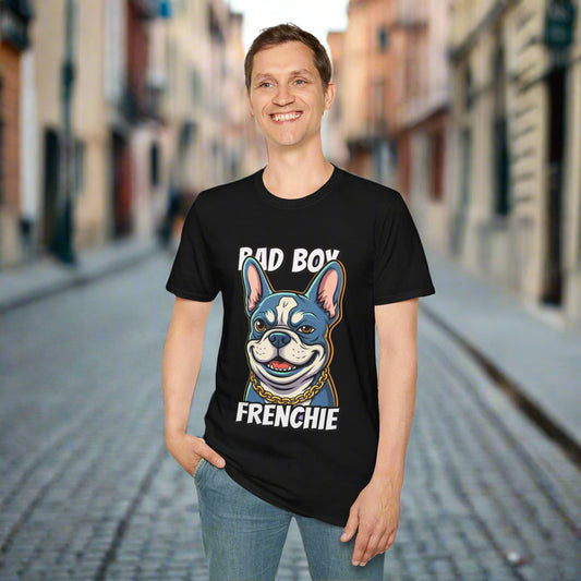 Person wearing a black t-shirt with a graphic of a French Bulldog and text 'Bad Boy FRENCHIE' on a white background