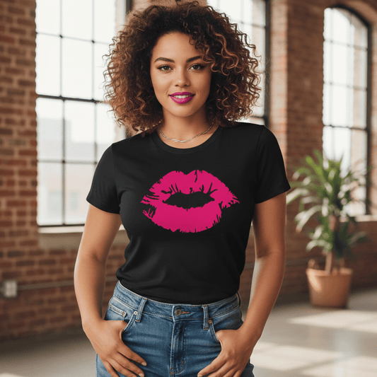 Woman wearing a black t-shirt with pink lips design in a room with brick walls and large windows.