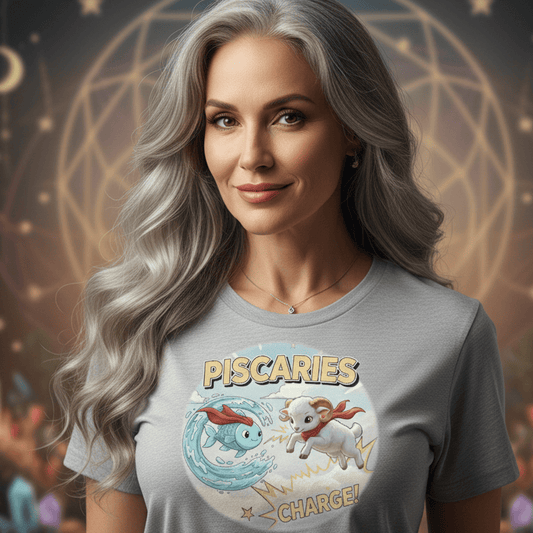 Woman wearing a t-shirt with 'PISCARIES CHARGE!' design against a mystical background