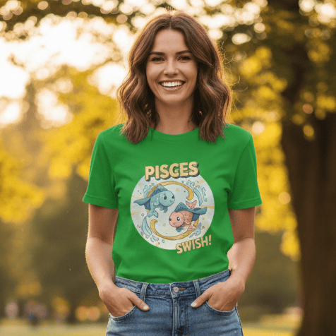A green crew neck graphic t-shirt for women featuring a circular Pisces zodiac design. The illustration shows two cute cartoon fish—one blue and one pink—swimming in a circle with the words "PISCES" and "SWISH!" in yellow bubbly font.