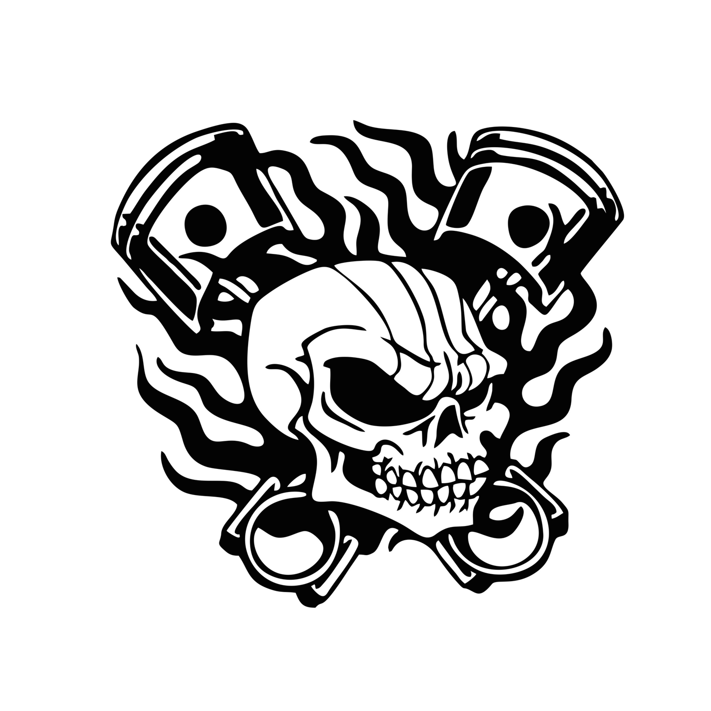 Black and white graphic of a skull with crossed pistons on a white background