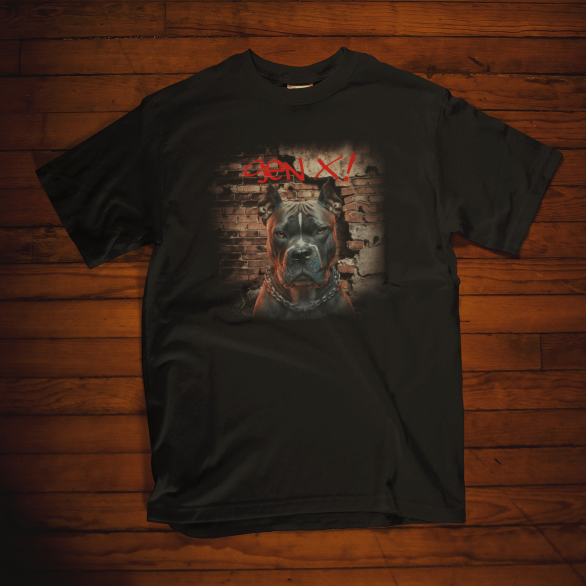 graphic t-shirt featuring an American Bully in a chain collar against a distressed brick wall with red "GEN X!" graffiti text.
