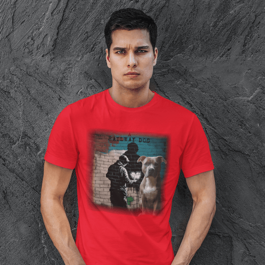 graphic t-shirt featuring an American Staffordshire Terrier sitting beside Banksy-style stencil art on a brick wall with text reading "A Railway Dog."