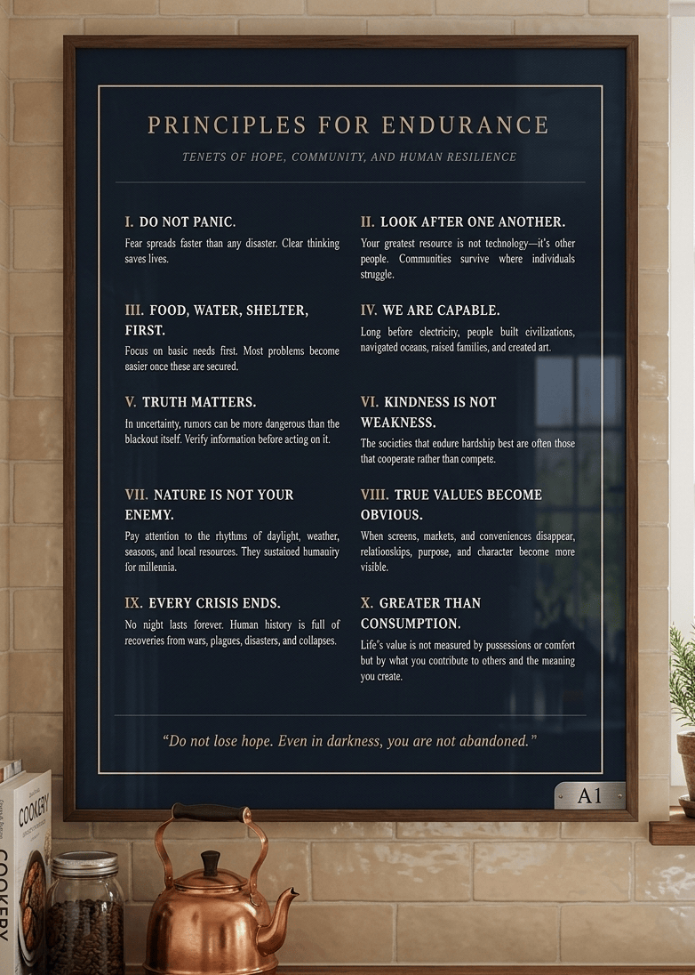 Framed poster titled 'Principles for Endurance' on a wall with decor items below.