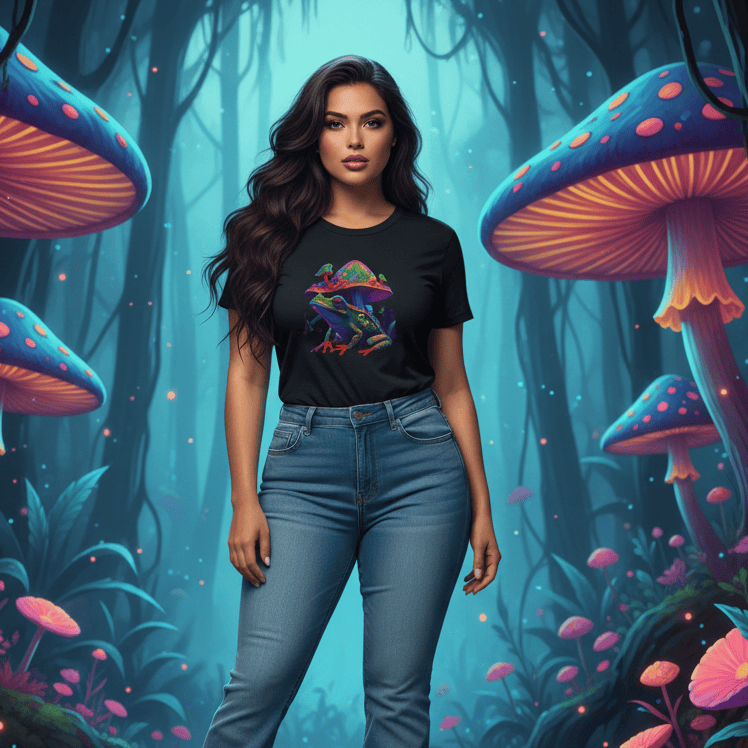 A black women’s crew neck t-shirt featuring a highly detailed, neon-colored graphic of a bioluminescent tree frog sitting beneath a glowing, psychedelic mushroom with intricate orange and purple spots.