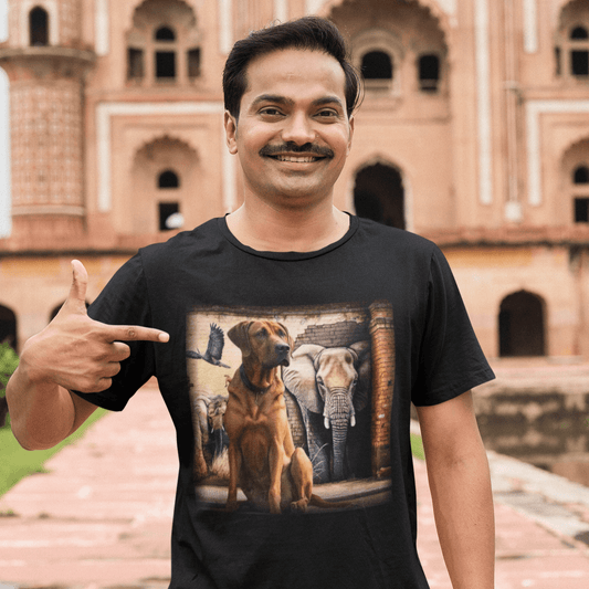 Smiling man pointing at his black crew-neck t-shirt featuring a Rhodesian Ridgeback dog seated in front of a rustic archway mural with an African elephant and birds.
