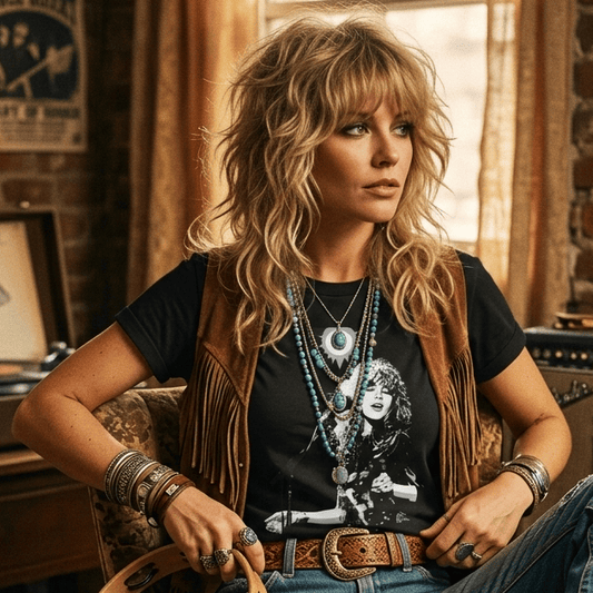Woman sitting in a room with musical instruments and decor, wearing a black 70s Rock t-shirt with a graphic design and blue jeans.