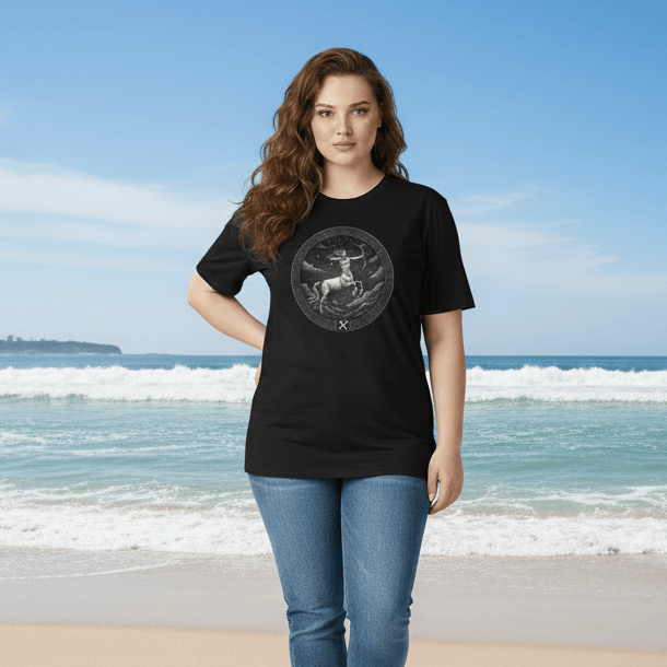 This image features a curvy model standing on a sunny beach with a clear blue sky and ocean waves in the background. She is wearing a black t-shirt featuring a circular, detailed Sagittarius zodiac design centered on the chest. The model is also wearing blue jeans and has one hand on her hip, looking directly at the camera with a confident expression.