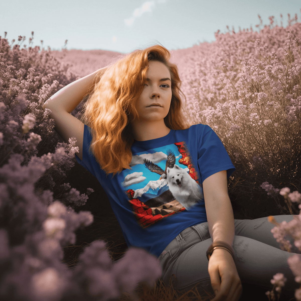 Woman with red hair sitting in a blooming flower field wearing a royal blue t-shirt featuring a fluffy white Samoyed dog with a flying eagle and snow-capped mountain landscape graphic.