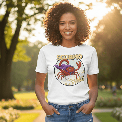 A white short-sleeve graphic t-shirt featuring a bold Scorpio zodiac design. The centerpiece is a circular illustration of a red cartoon scorpion wearing a purple superhero cape, accompanied by the text "SCORPIO" and "STING" in stylized yellow lettering.
