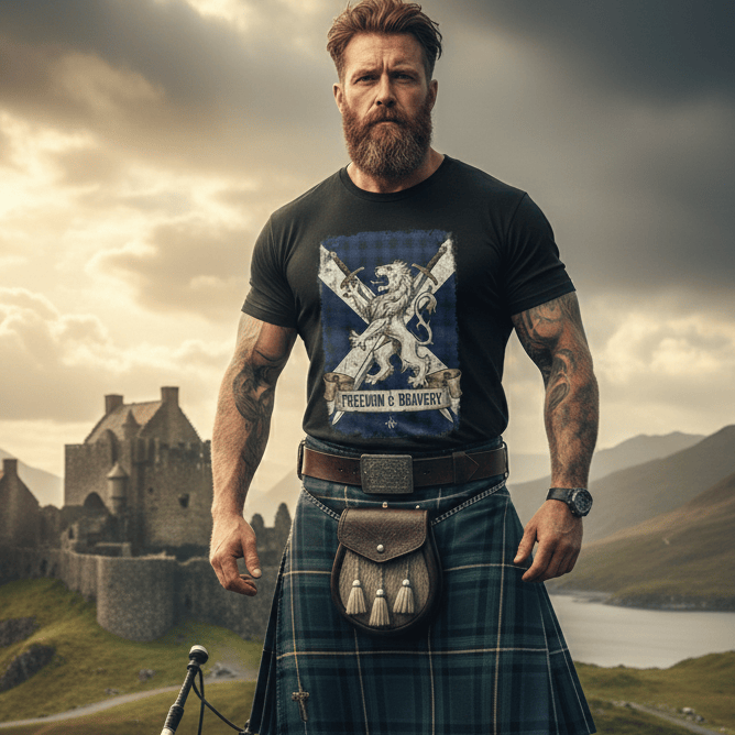 Man in a kilt standing in a Scottish landscape with a castle and lake in the background.