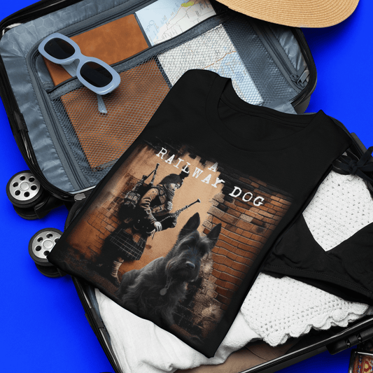 Flat-lay travel packing flat mockup inside an open rolling suitcase featuring a black graphic t-shirt with a Scottish Terrier dog and a traditional kilted bagpiper against a brick wall with "A Railway Dog" text.