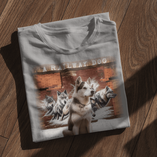 Folded light grey graphic t-shirt laid on a wooden floor with natural window shadows, featuring a Siberian Husky in the foreground with a dynamic running sled dog pack mural against a brick wall with "A Railway Dog" stencil text.