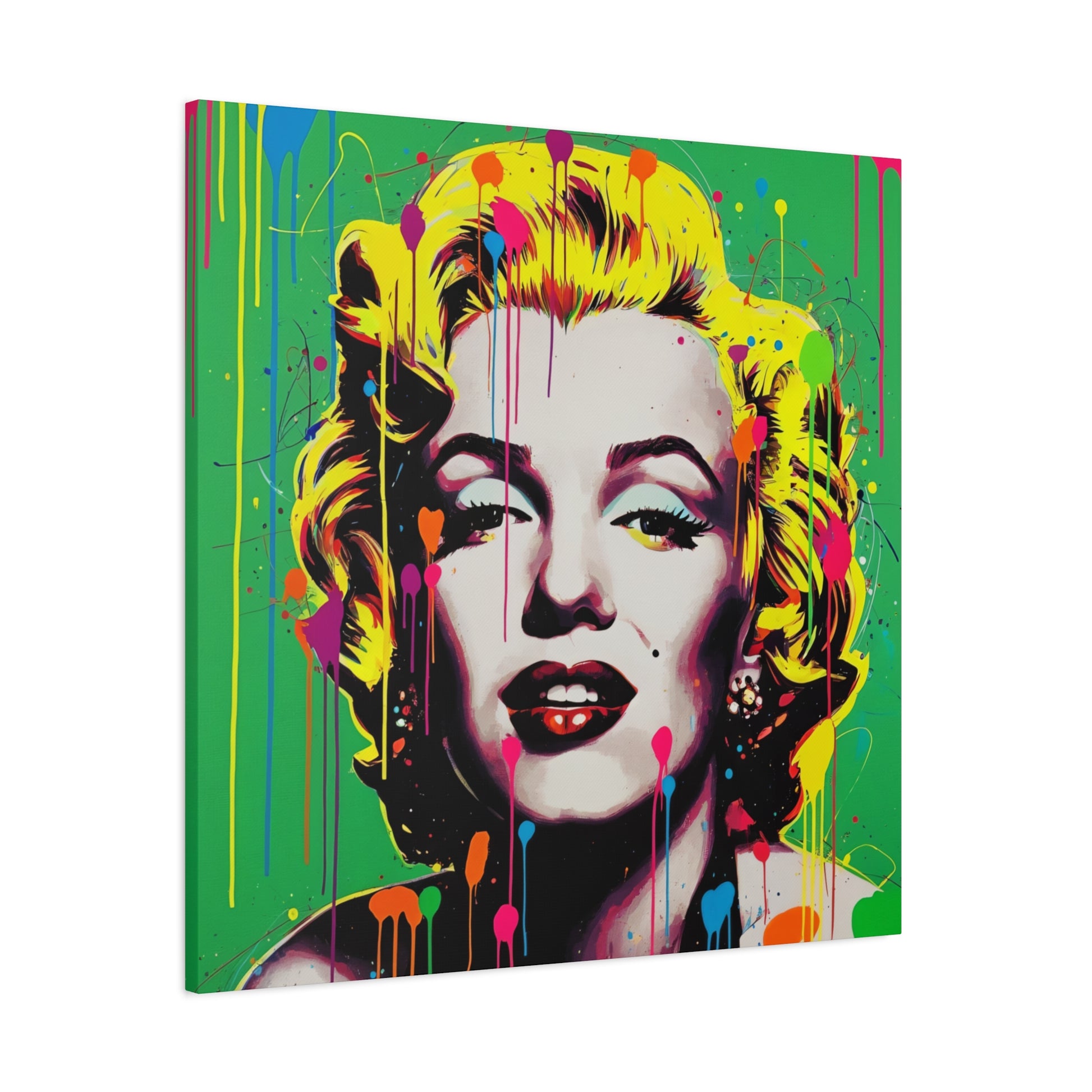 Colorful abstract painting of a famous actress on a green background