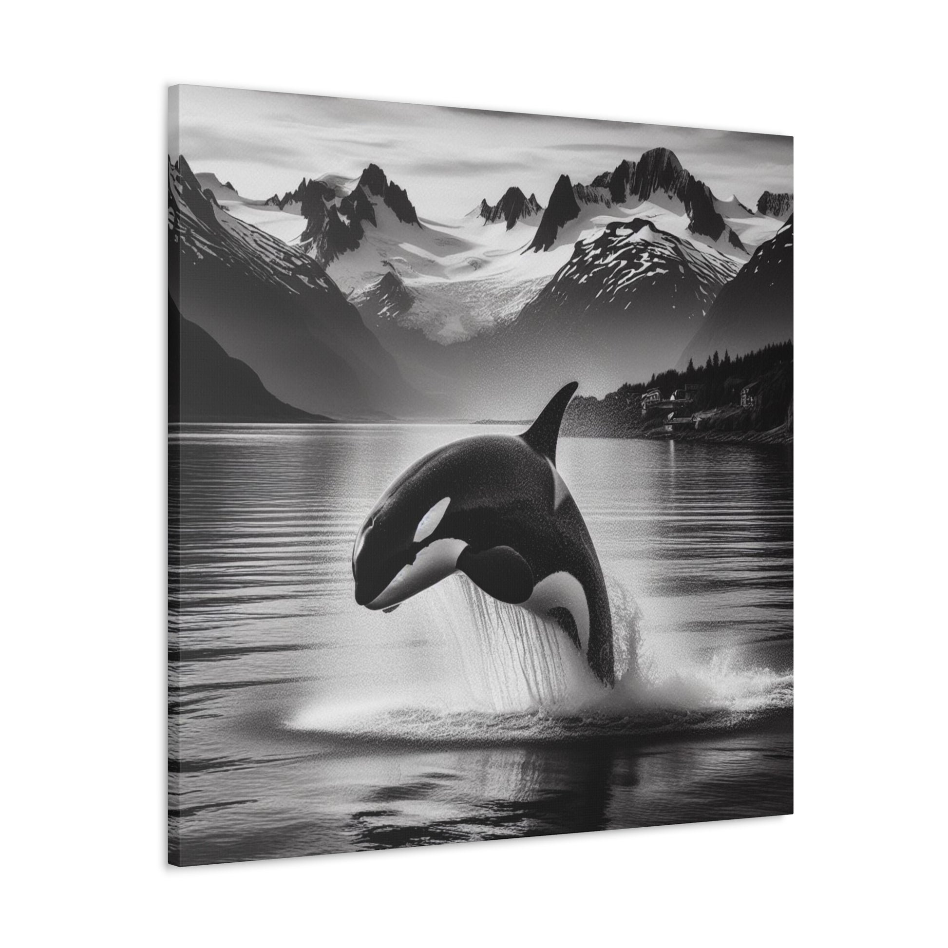 Majestic Orca Breaches in Stunning Fjord on Canvas - That Should Be on a T-Shirt