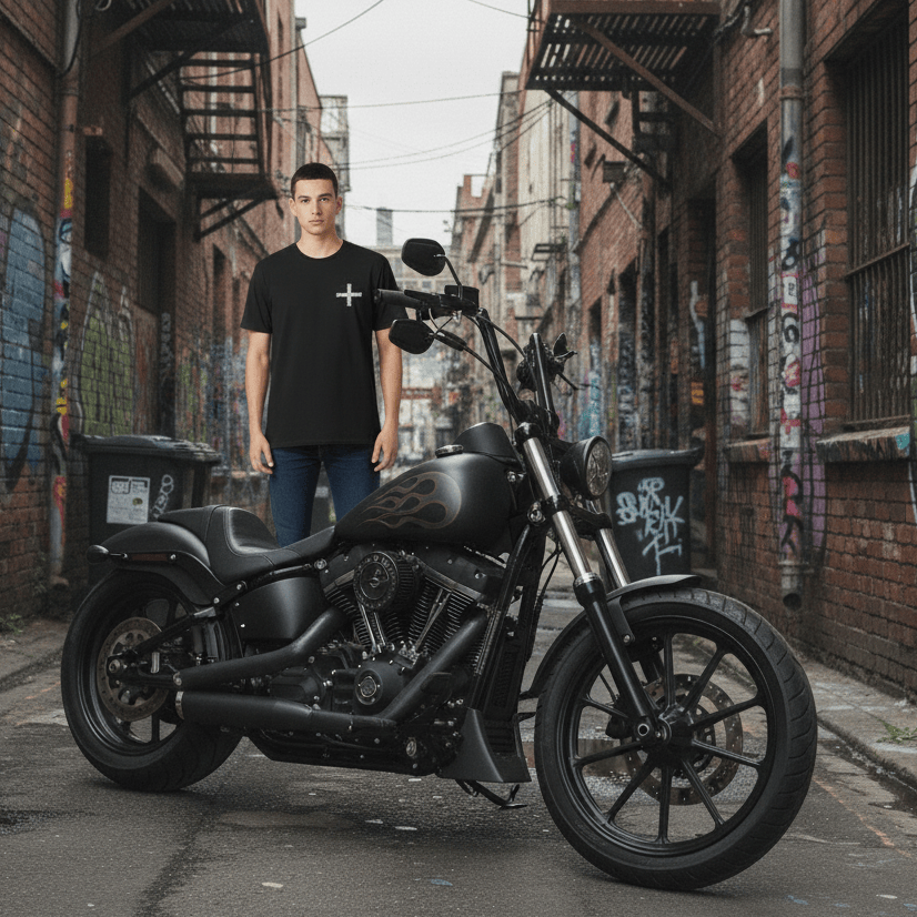 Man standing next to a black motorcycle in an urban alley with graffiti on the walls.