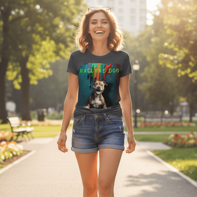 Woman walking in a park wearing a colorful t-shirt with a dog graphic