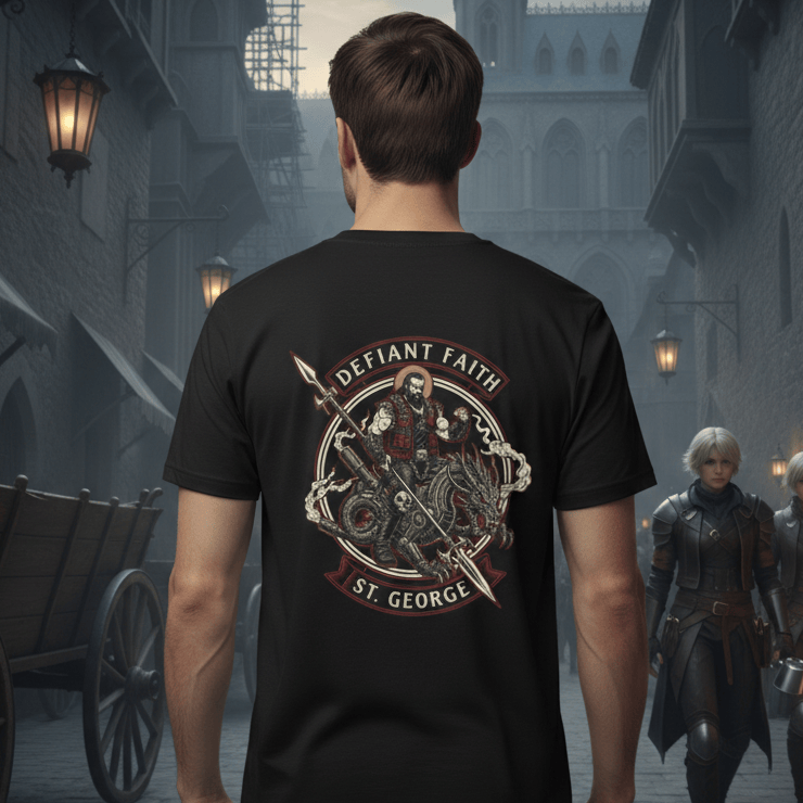 Person wearing a black t-shirt with 'Defiant Faith St. George' design in a medieval street setting.