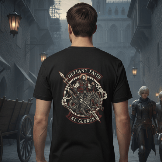 Person wearing a black t-shirt with 'Defiant Faith St. George' design in a medieval street setting.