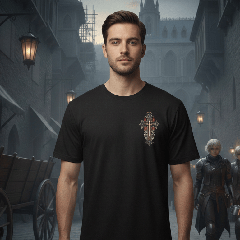 Man wearing a black t-shirt with a Christian Cross design in a fantasy setting with characters and a fire.
