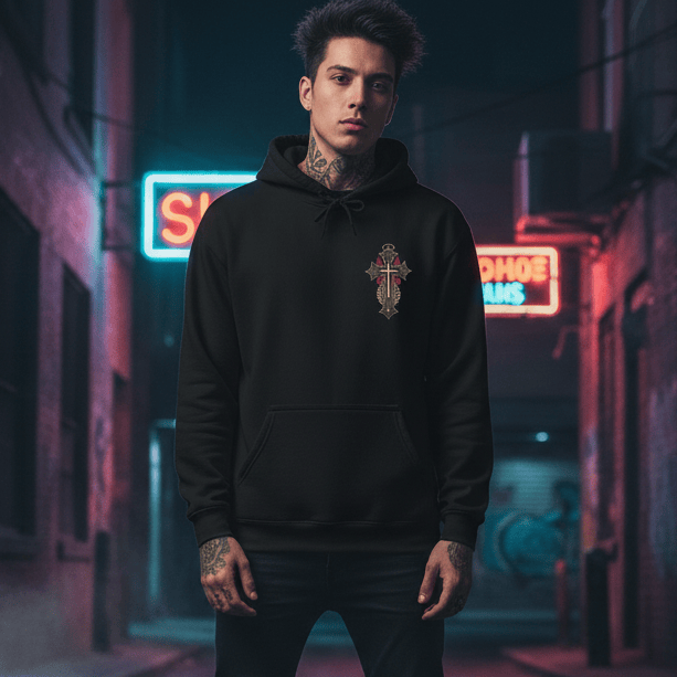 On the front left chest of the hoodie, there is a small, intricate graphic featuring a gold and red crest with a cross and wings, matching the "St. Michael" theme from the previous design. The scene is lit by vibrant neon signs in blue and pink, which reflect off the wet pavement, creating a gritty, edgy urban aesthetic.