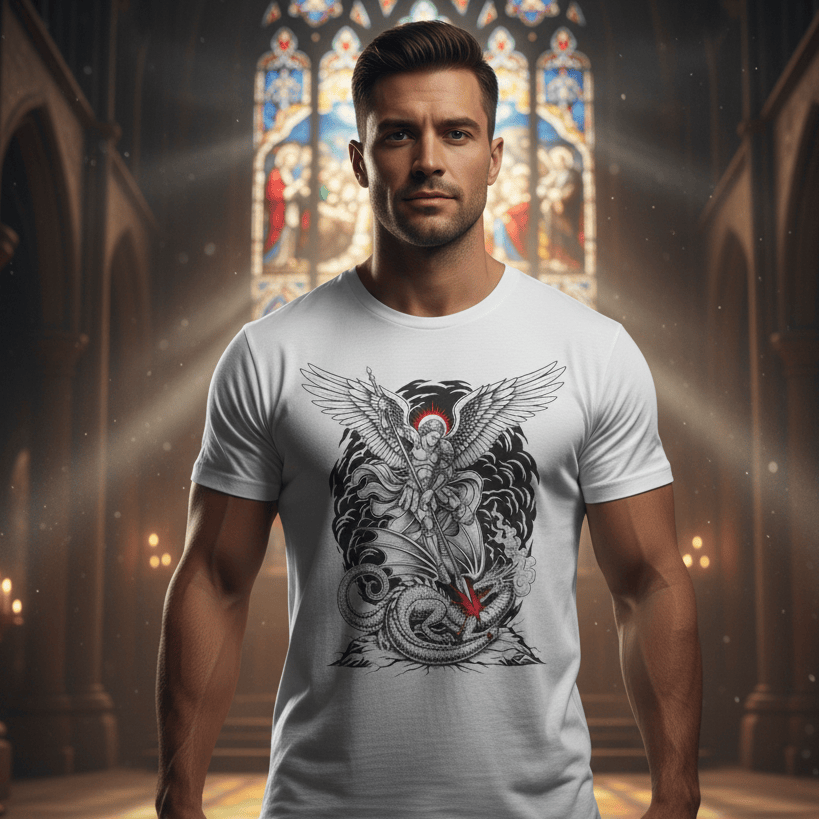 Man wearing a white t-shirt with a St Michael the Archangel and dragon design in a cathedral setting