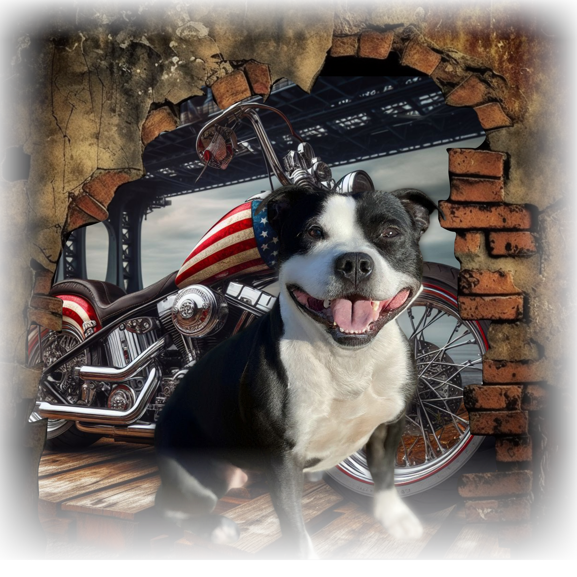 T-shirt with a graphic design featuring a Staffordshire Bull Terrier dog and a Chopper motorcycle.