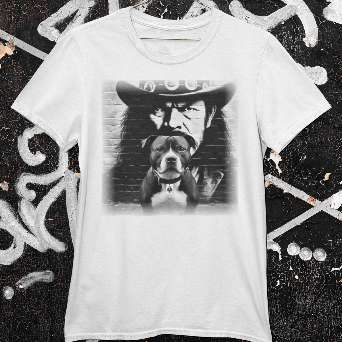 graphic t-shirt featuring a Staffy wearing an Ace of Spades collar in front of a Lemmy Kilmister brick mural portrait.